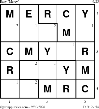 The grouppuzzles.com Easy Mercy puzzle for Wednesday September 30, 2026, suitable for printing, with all 2 steps marked