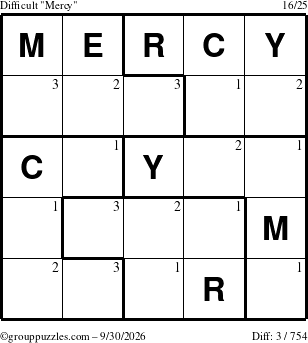 The grouppuzzles.com Difficult Mercy puzzle for Wednesday September 30, 2026 with the first 3 steps marked