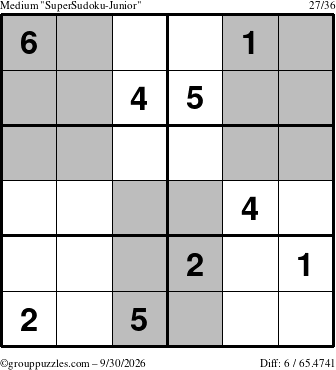 The grouppuzzles.com Medium SuperSudoku-Junior puzzle for Wednesday September 30, 2026