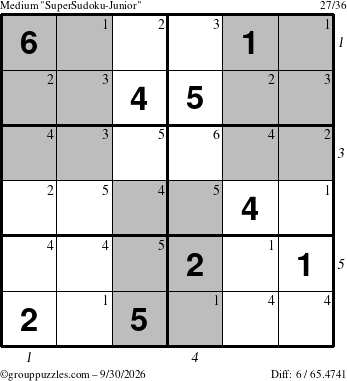 The grouppuzzles.com Medium SuperSudoku-Junior puzzle for Wednesday September 30, 2026, suitable for printing, with all 6 steps marked