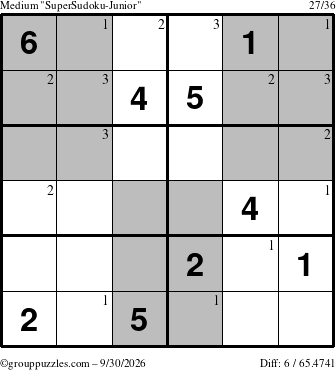 The grouppuzzles.com Medium SuperSudoku-Junior puzzle for Wednesday September 30, 2026 with the first 3 steps marked