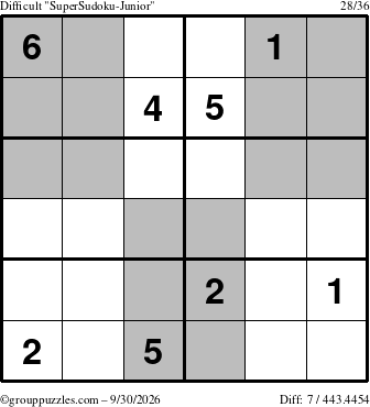 The grouppuzzles.com Difficult SuperSudoku-Junior puzzle for Wednesday September 30, 2026