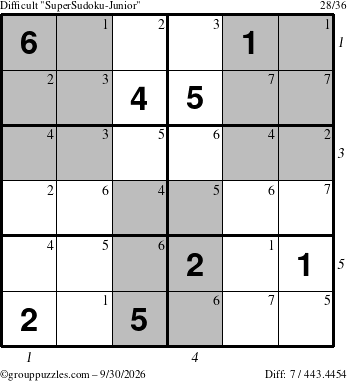 The grouppuzzles.com Difficult SuperSudoku-Junior puzzle for Wednesday September 30, 2026, suitable for printing, with all 7 steps marked