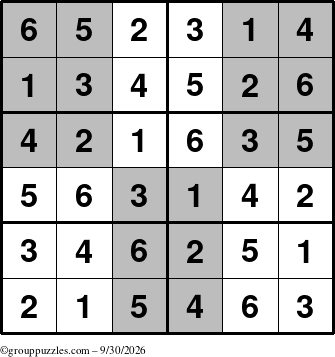 The grouppuzzles.com Answer grid for the SuperSudoku-Junior puzzle for Wednesday September 30, 2026