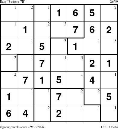 The grouppuzzles.com Easy Sudoku-7B puzzle for Wednesday September 30, 2026 with the first 3 steps marked