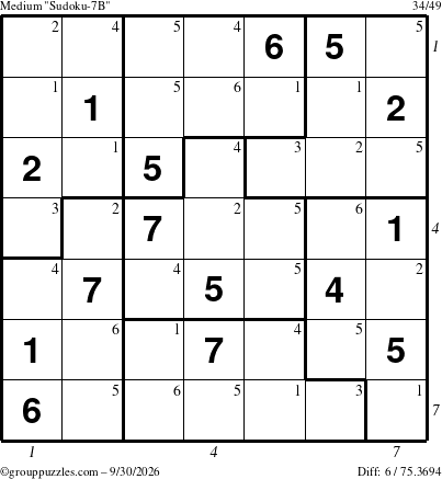The grouppuzzles.com Medium Sudoku-7B puzzle for Wednesday September 30, 2026, suitable for printing, with all 6 steps marked