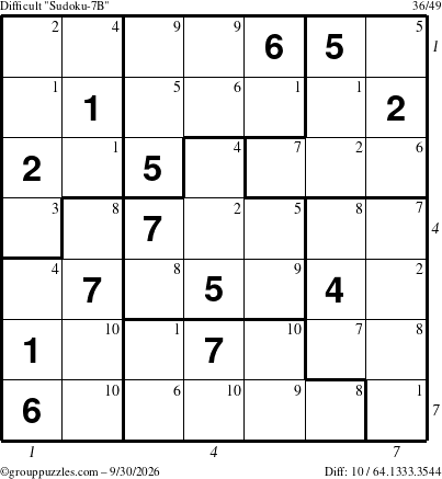 The grouppuzzles.com Difficult Sudoku-7B puzzle for Wednesday September 30, 2026, suitable for printing, with all 10 steps marked