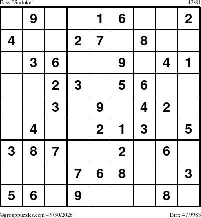 The grouppuzzles.com Easy Sudoku puzzle for Wednesday September 30, 2026
