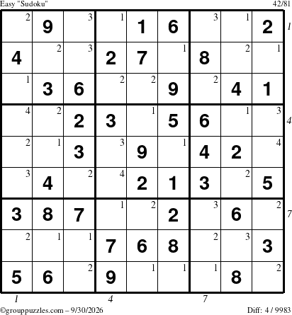 The grouppuzzles.com Easy Sudoku puzzle for Wednesday September 30, 2026 with all 4 steps marked