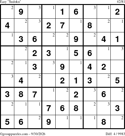 The grouppuzzles.com Easy Sudoku puzzle for Wednesday September 30, 2026 with the first 3 steps marked