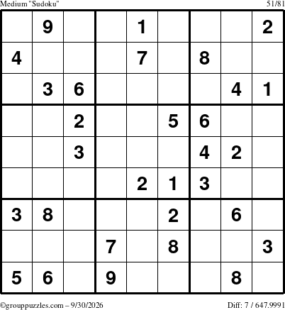 The grouppuzzles.com Medium Sudoku puzzle for Wednesday September 30, 2026