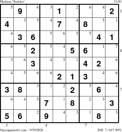 The grouppuzzles.com Medium Sudoku puzzle for Wednesday September 30, 2026 with all 7 steps marked