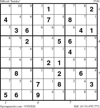 The grouppuzzles.com Difficult Sudoku puzzle for Wednesday September 30, 2026, suitable for printing, with all 10 steps marked