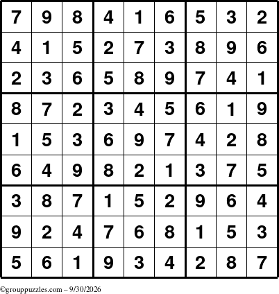 The grouppuzzles.com Answer grid for the Sudoku puzzle for Wednesday September 30, 2026