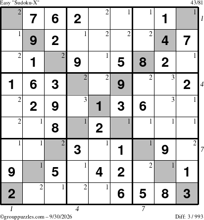 The grouppuzzles.com Easy Sudoku-X puzzle for Wednesday September 30, 2026, suitable for printing, with all 3 steps marked