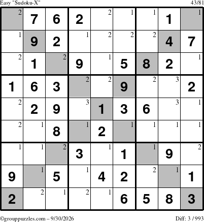 The grouppuzzles.com Easy Sudoku-X puzzle for Wednesday September 30, 2026 with the first 3 steps marked