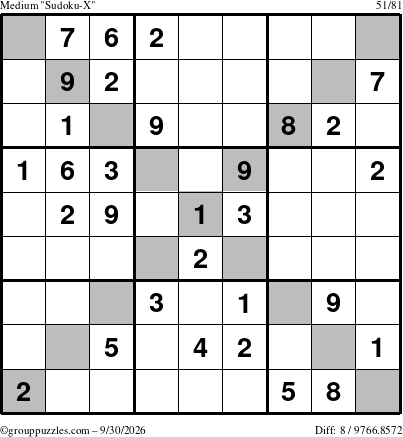 The grouppuzzles.com Medium Sudoku-X puzzle for Wednesday September 30, 2026