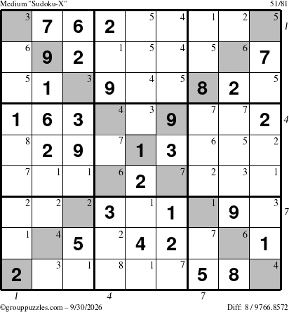 The grouppuzzles.com Medium Sudoku-X puzzle for Wednesday September 30, 2026 with all 8 steps marked