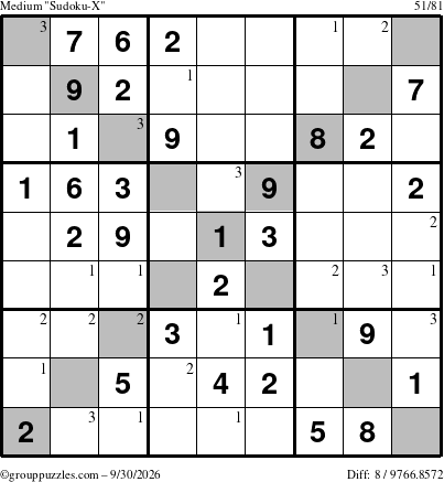The grouppuzzles.com Medium Sudoku-X puzzle for Wednesday September 30, 2026 with the first 3 steps marked