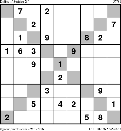 The grouppuzzles.com Difficult Sudoku-X puzzle for Wednesday September 30, 2026