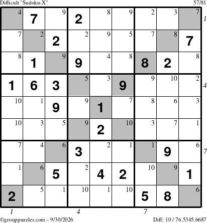 The grouppuzzles.com Difficult Sudoku-X puzzle for Wednesday September 30, 2026 with all 10 steps marked