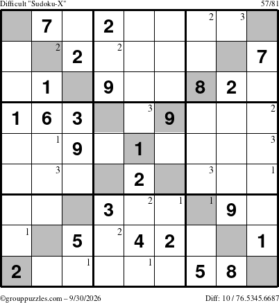 The grouppuzzles.com Difficult Sudoku-X puzzle for Wednesday September 30, 2026 with the first 3 steps marked