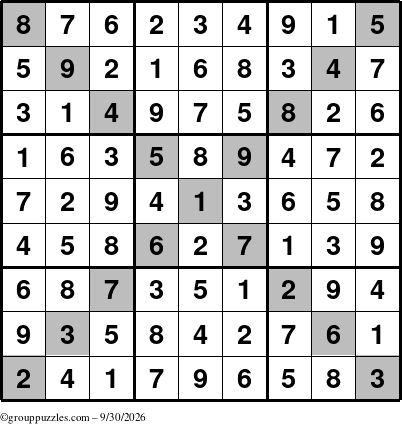 The grouppuzzles.com Answer grid for the Sudoku-X puzzle for Wednesday September 30, 2026
