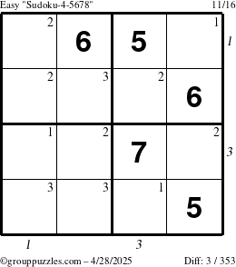 The grouppuzzles.com Easy Sudoku-4-5678 puzzle for Monday April 28, 2025 with all 3 steps marked
