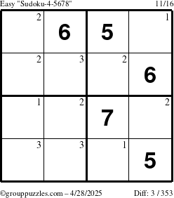The grouppuzzles.com Easy Sudoku-4-5678 puzzle for Monday April 28, 2025 with the first 3 steps marked