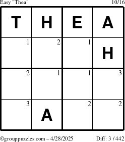 The grouppuzzles.com Easy Thea puzzle for Monday April 28, 2025 with the first 3 steps marked