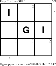 The grouppuzzles.com Easy TicTac-GHI puzzle for Monday April 28, 2025 with all 2 steps marked