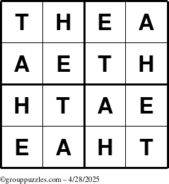 The grouppuzzles.com Answer grid for the Thea puzzle for Monday April 28, 2025