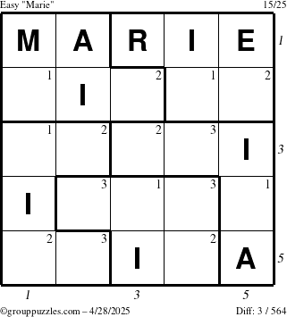The grouppuzzles.com Easy Marie puzzle for Monday April 28, 2025 with all 3 steps marked