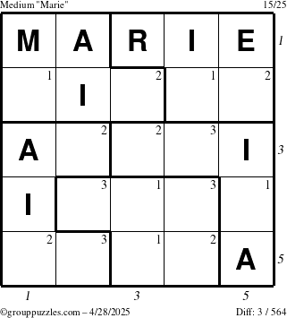 The grouppuzzles.com Medium Marie puzzle for Monday April 28, 2025 with all 3 steps marked