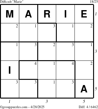 The grouppuzzles.com Difficult Marie puzzle for Monday April 28, 2025 with all 4 steps marked