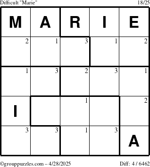 The grouppuzzles.com Difficult Marie puzzle for Monday April 28, 2025 with the first 3 steps marked