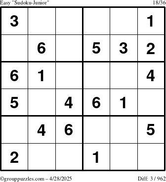 The grouppuzzles.com Easy Sudoku-Junior puzzle for Monday April 28, 2025
