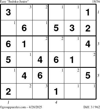 The grouppuzzles.com Easy Sudoku-Junior puzzle for Monday April 28, 2025 with all 3 steps marked