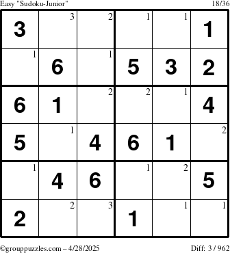 The grouppuzzles.com Easy Sudoku-Junior puzzle for Monday April 28, 2025 with the first 3 steps marked