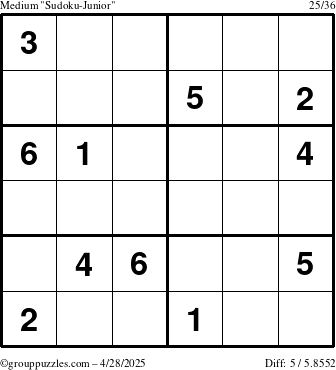The grouppuzzles.com Medium Sudoku-Junior puzzle for Monday April 28, 2025