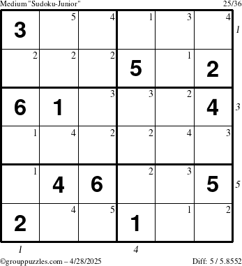 The grouppuzzles.com Medium Sudoku-Junior puzzle for Monday April 28, 2025 with all 5 steps marked