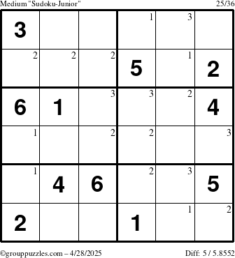 The grouppuzzles.com Medium Sudoku-Junior puzzle for Monday April 28, 2025 with the first 3 steps marked