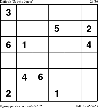 The grouppuzzles.com Difficult Sudoku-Junior puzzle for Monday April 28, 2025