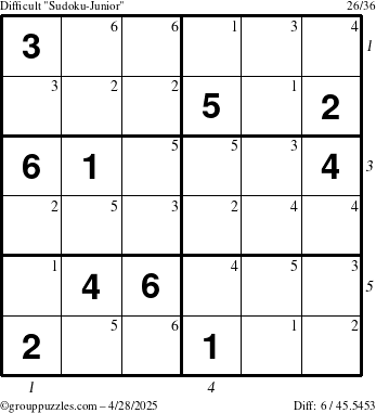 The grouppuzzles.com Difficult Sudoku-Junior puzzle for Monday April 28, 2025 with all 6 steps marked