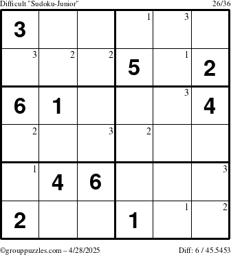 The grouppuzzles.com Difficult Sudoku-Junior puzzle for Monday April 28, 2025 with the first 3 steps marked