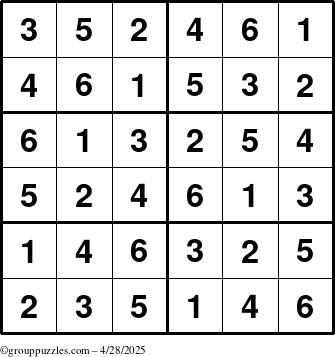 The grouppuzzles.com Answer grid for the Sudoku-Junior puzzle for Monday April 28, 2025