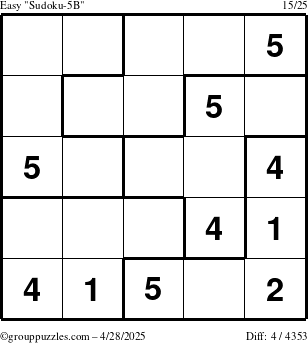 The grouppuzzles.com Easy Sudoku-5B puzzle for Monday April 28, 2025