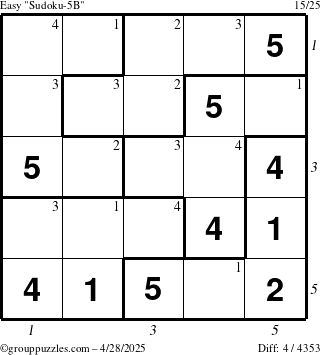The grouppuzzles.com Easy Sudoku-5B puzzle for Monday April 28, 2025 with all 4 steps marked