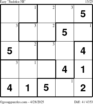 The grouppuzzles.com Easy Sudoku-5B puzzle for Monday April 28, 2025 with the first 3 steps marked