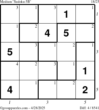 The grouppuzzles.com Medium Sudoku-5B puzzle for Monday April 28, 2025 with all 4 steps marked